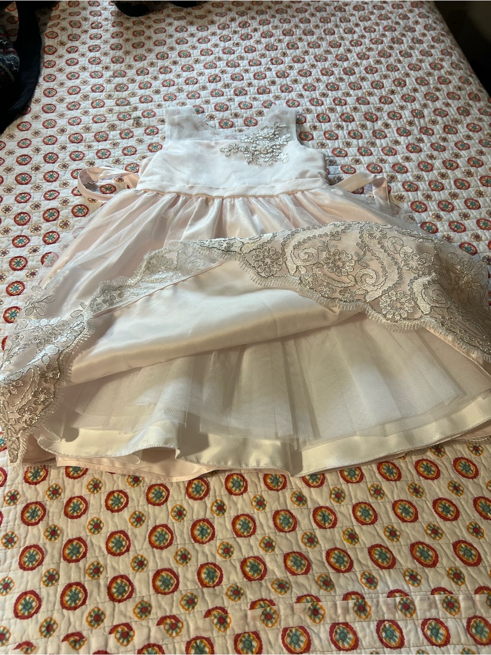 American Princess Pink Ivory Beaded Floral Lace Fit & Flare Girls Dress Size 6 - Picture 8 of 10
